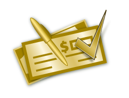 Golden Checkbook with pen and check-mark icon